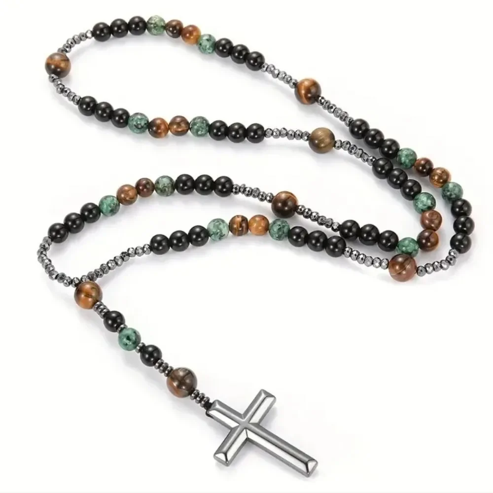 Tigers Eye rosary hematite turquoise Beaded Cross Necklace